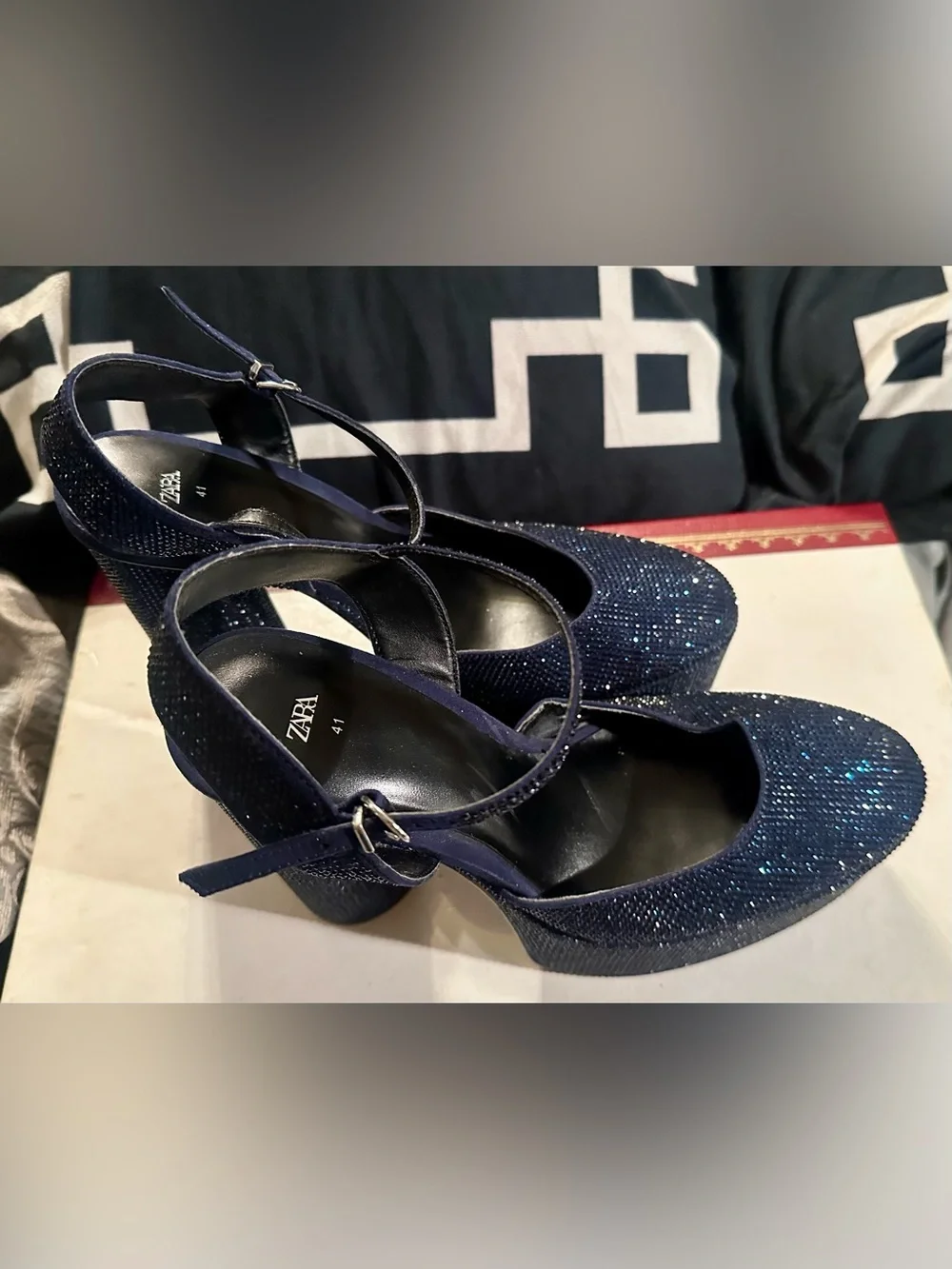 Zara Sparkling Navy Platform Mary Jane Heels